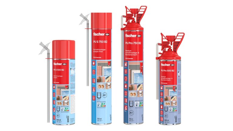 Verschiedene Fischer PU-Schaumdosen – PU S 500 B2, PU S 750 B2, PU Pro 500 B2 und PU Pro 750 B2, ideal für schnelle Montagen und Isolierungen. Alle Varianten mit unterschiedlichen Füllmengen (500 ml und 750 ml) und Einsatzmöglichkeiten.